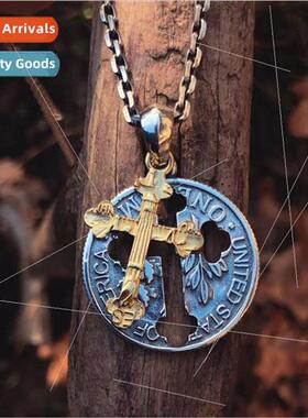 Vintage Cross Necklace Men  Hollowed Out Tramp Coin Tattoo E