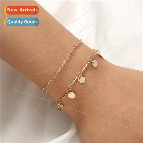 Europe mple Shiny Round Plaque Double Gotta Strap Bracelet B