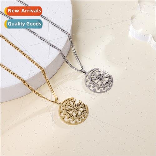 Stainless Steel Silver Moon Compass Hollow Out Pendant Neckl