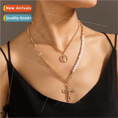 Cross Portra Pendant Double Layered Layered Necklace Pearl N