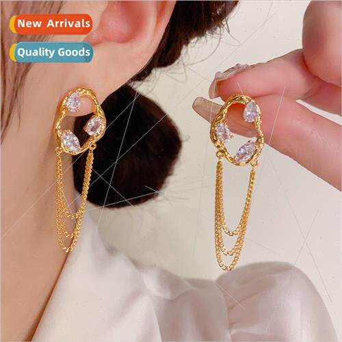 Korea sweet cool wind nd metal zirconia earrings tassel fash