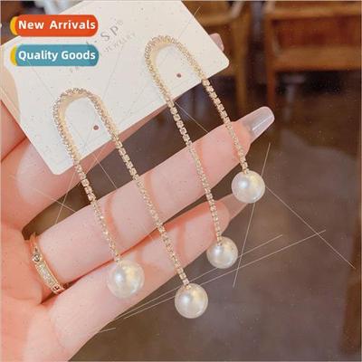 Long tasseled pearl earrings tassel earrings flash diamond h