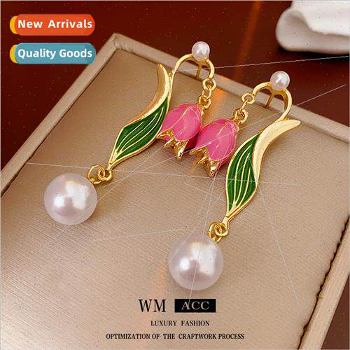 lver needle oil drop irregular pink flower pearl earrings hu