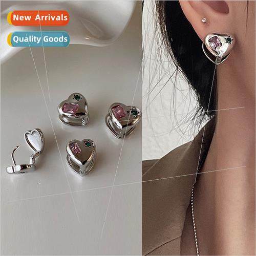 New sweet pink diamond heart earrings earrings female retro
