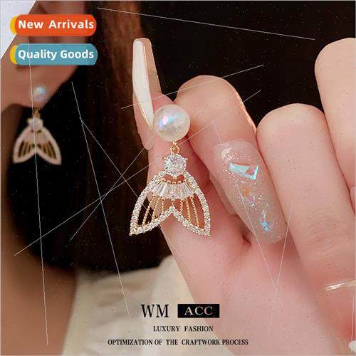 lver needle zirconia mermaid girl pearl fishtail earrings ni