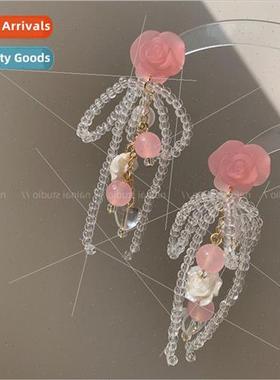 Pink beaded earrings haze camellia bow earrings 2023 spring