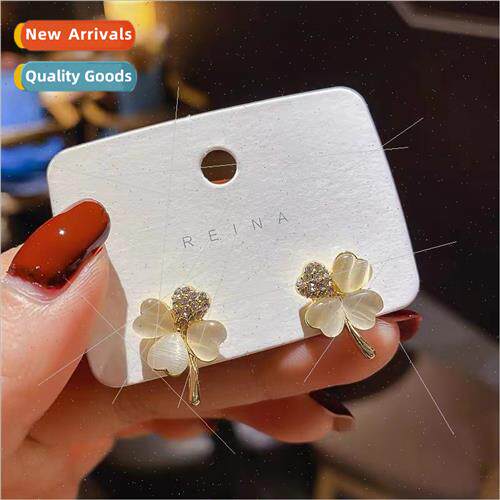 s925 silver pin cat eye stone four-leaf clover earrings fema