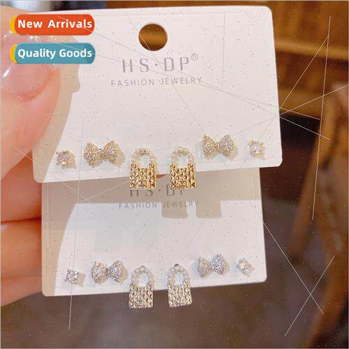 s925 silver needle zirconia bow earrings bag combination set