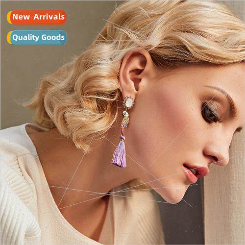 s925 silver needle long tassel AB paragraph earrings colorfu