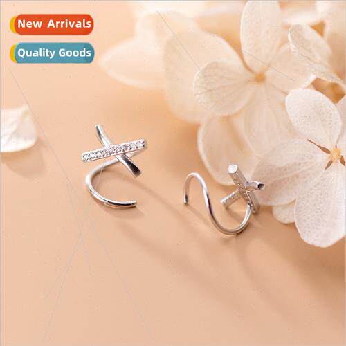 New silver needle earrings female fresh simple cross one-sid