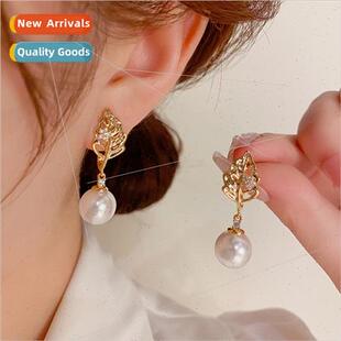 Europe metal leaf dangling pearl earrings s925 silver pin ni