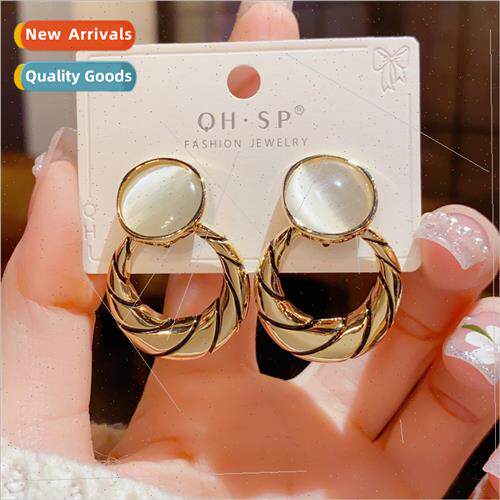 fashion retro metal cat eye stone circle earrings s925 silve