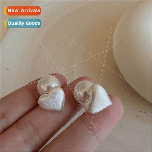 Brushed silver color love heart pearl earrings female small