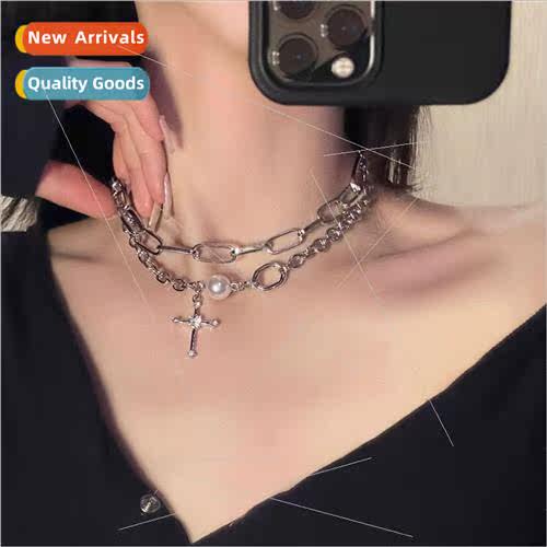 Pearl double cross necklace female ins tide Europe hip hop m