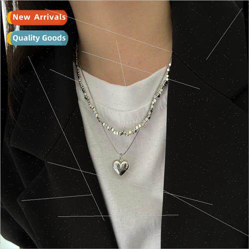 Fashion versatile silver small square double love necklace f