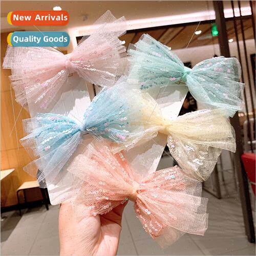 ins new children mesh pink lace bow hair clips multi-layer g