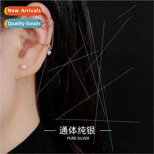 S925 silver Koreasimple pearl ear clip wh line asymmetric be