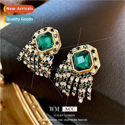 lver needle wh diamond emerald crystal rhombus tassel earrin