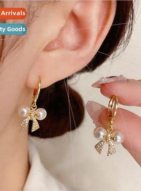 Korea fashion elegant bow pearl pop buckle earrings delicate