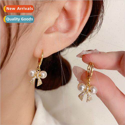 Korea fashion elegant bow pearl pop buckle earrings delicate