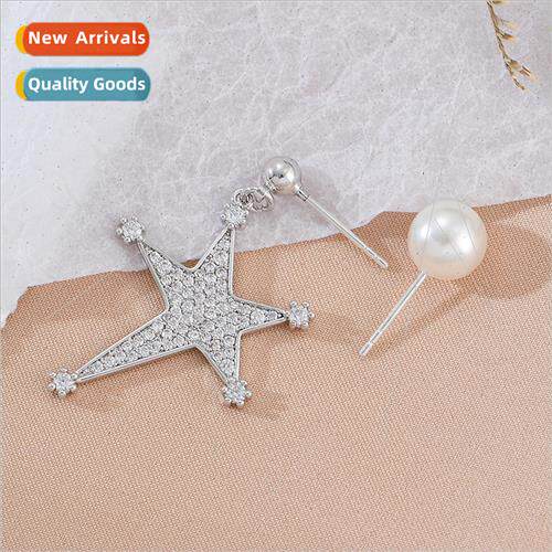 S925 silver needle set zirconium earrings female AB asymmetr