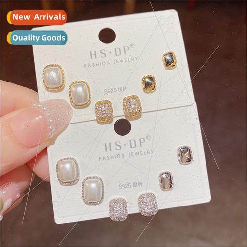 s925 silver pin earrings zirconia square pearl combination s