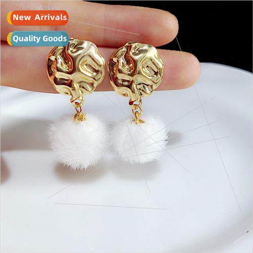mple cold wind texture metal hairball earrings female 2023 n