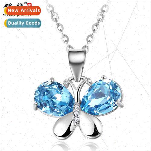 Blue crystal butterfly necklace 925 silver jewelry female pe