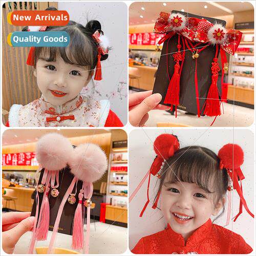 Headdress girls children New Year red hair clips tassel hair