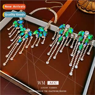 diamonds fashion needle earrings lver tassel green leaves