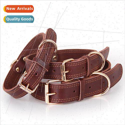 Cowhide dog collar vintage copper hook buckle head golden ha