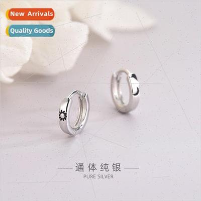 s925 silver Korea star asymmetrical earrings buckle sun moon