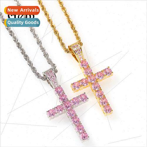 Hip Hop Minimalist Cross Pendant Necklace Copper wh Pink Zir