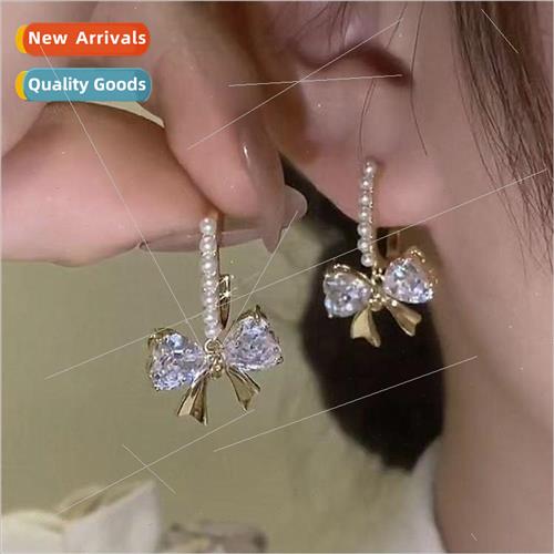 Super-flash zirconia pearl bow earrings silver needle simple
