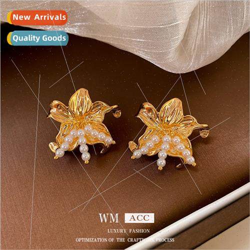 silver needle pearl flower earrings niche match earrings fas