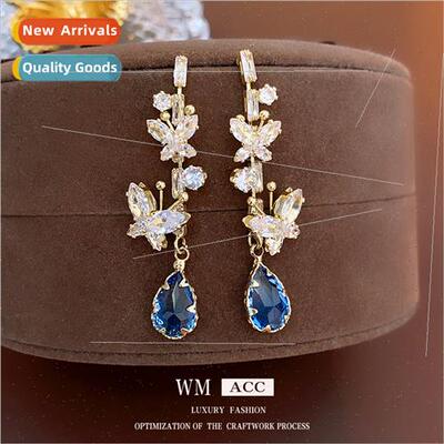 Silver pin zirconia hollow butterfly drop earrings French ea