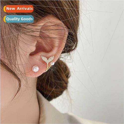 Korea new nd people fishtail pearl silver pin earrings earri