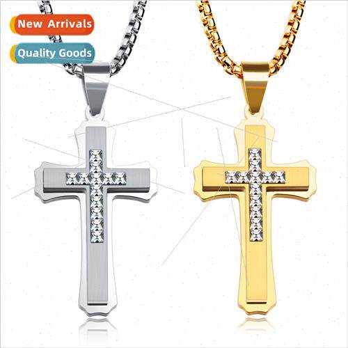 Europe cross necklace wh diamonds long pendant tanium steel