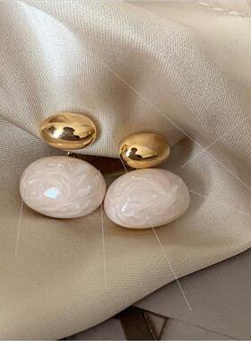 French Vintage Metal Oval Earrings Sweet che Drip Glaze Bean