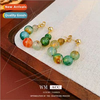 lver Pin Round Colorful Natural Stone Earrings French Elegan