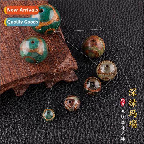 Dark green agate three eyes round beads dzi Mineral agate ey