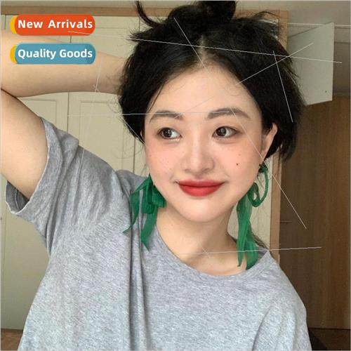 Forest mesh bow earrings French green circle fabric earrings