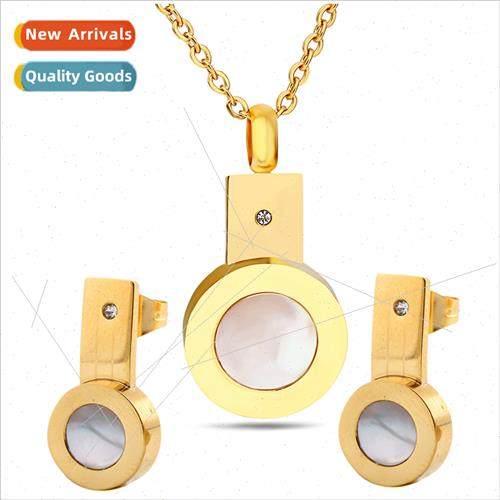 Korea new gold inlaid shell tanium steel earrings set match