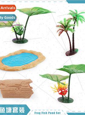 Model Frog Fish Pond Set Pond Wooden Block Tree Lotus Leaf D