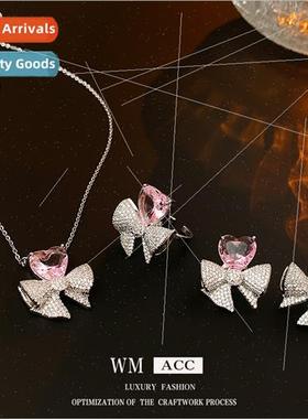 lver needle zirconia pink heart bow earrings versatile fashi