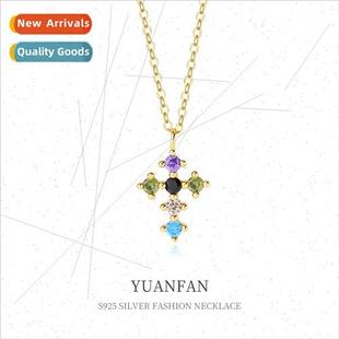 925 silver colorful zirconia cross necklace women niche ins