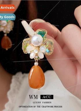 lver Needle Colorful Flower Pearl Drop Earrings French Fashi