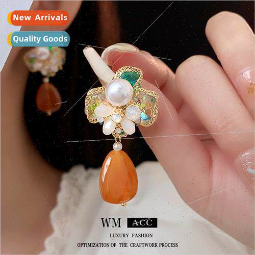 lver Needle Colorful Flower Pearl Drop Earrings French Fashi