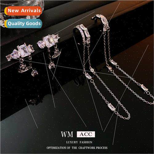Planet water drop zirconia square chain ear clips niche fash