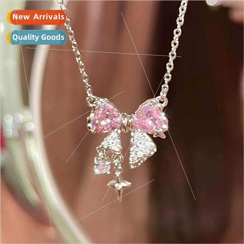 Pink heart bow necklace female niche zirconia starburst coll
